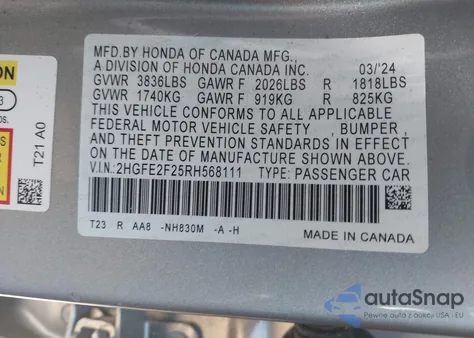 2024 Honda Civic Lx from USA, damaged, VIN 2HGFE2F25RH568111